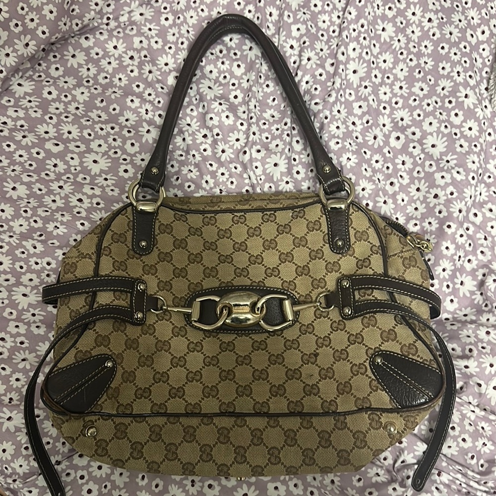 GUCCI GG canvas Horsebit Hand boston Shoulder Bag 159398 Brown Used Women GHW